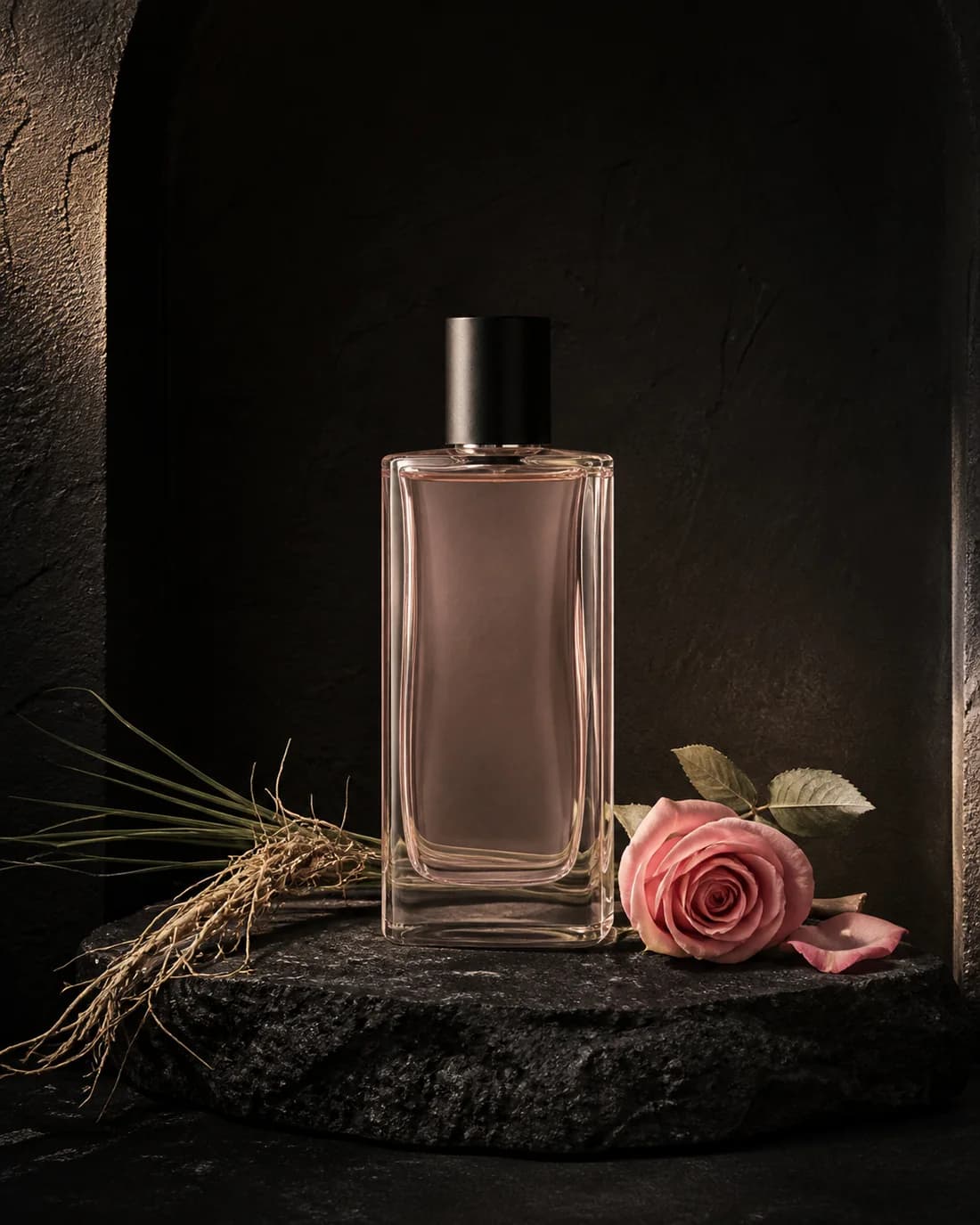 بطری محصول زیبایی در کنار گل رز، روی پایه سنگی تیره